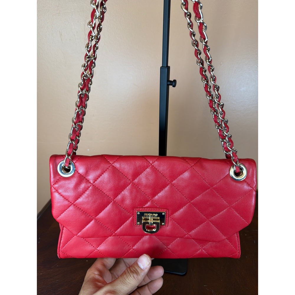 DKNY Red Quilted Leather Shoulder Bag Gold Chain Strap Turn Lock Flap Purse - Picture 10 of 14